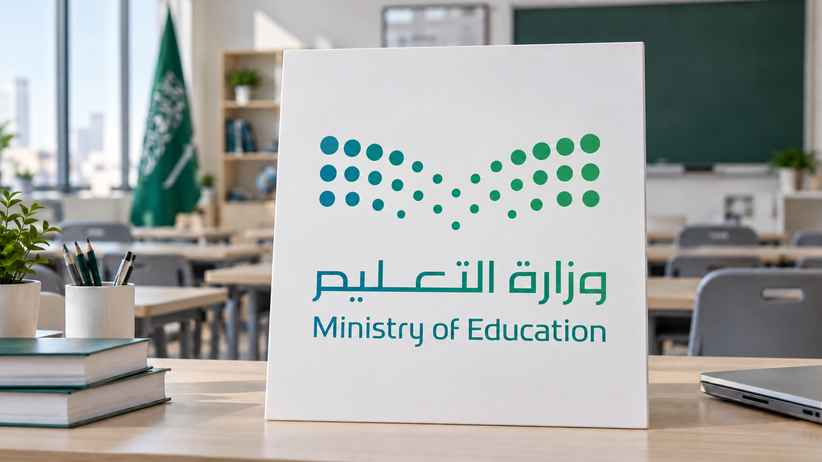 شعار وزارة التعليم السعودية باللونين الأزرق والأخضر على لوحة داخل فصل دراسي 